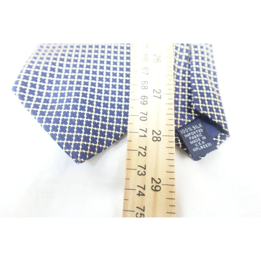 Nautica‎ Tie Silk Navy Blue Yellow Geometric Grid Print USA Made Necktie
